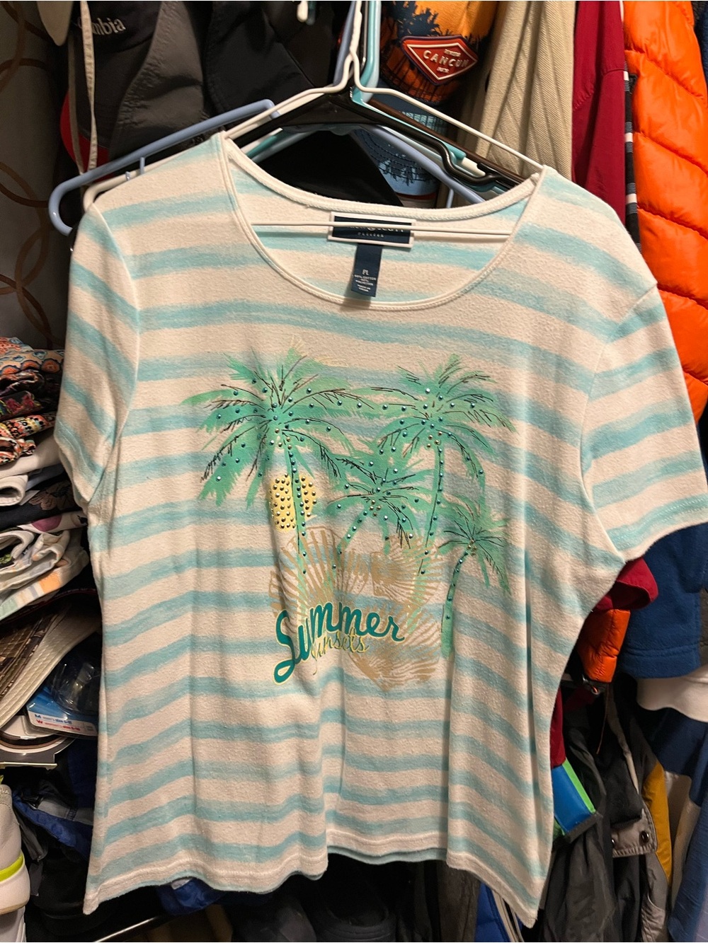 Karen Scott Aqua & White Striped Palm Graphic Tee